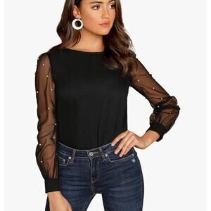 Floerns Women's Pearl Sheer Mesh Long Sleeve Tops Blouse